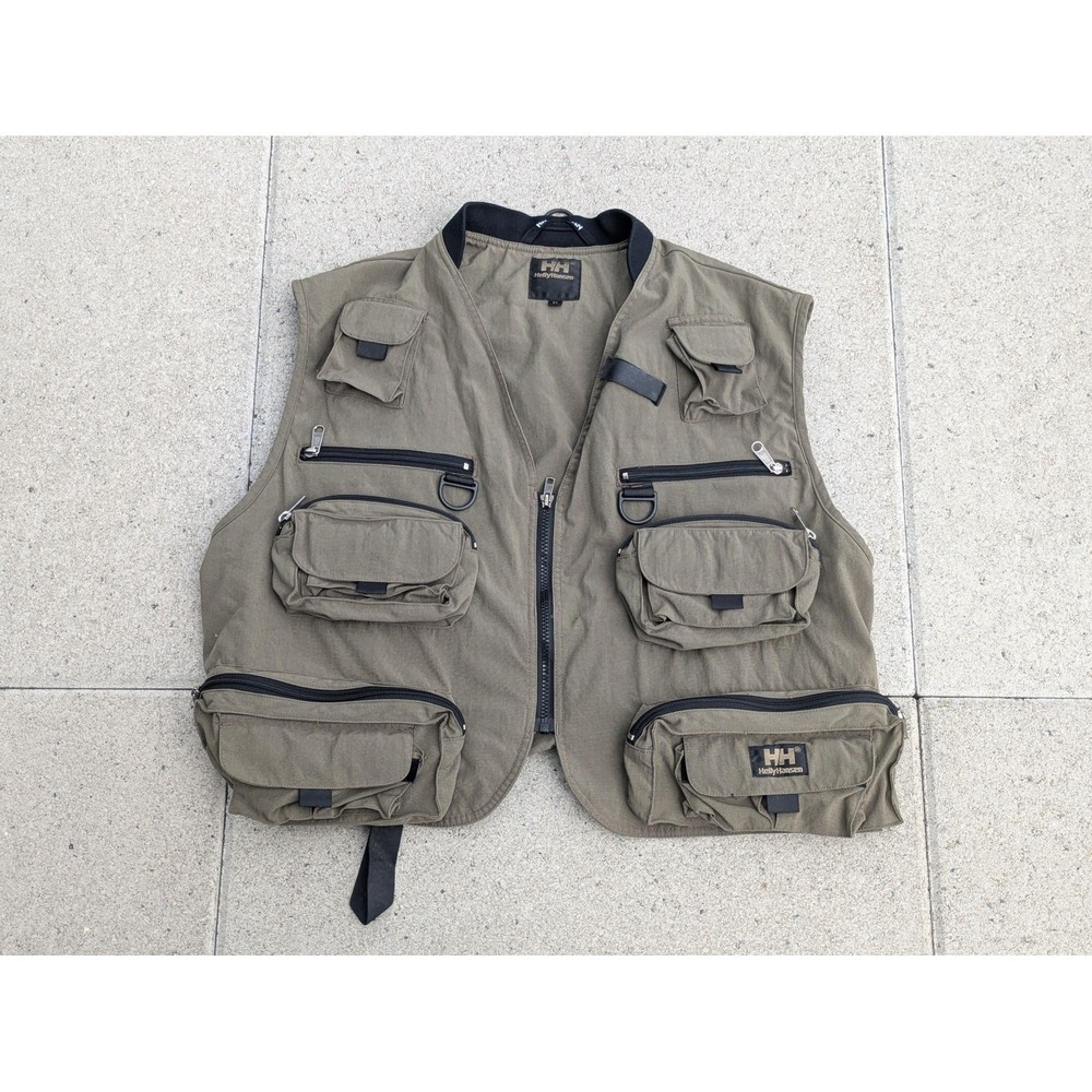 Helly Hansen Vest Mens XL Green Canvas Utility Fly FIshing Full Zip Outdoor